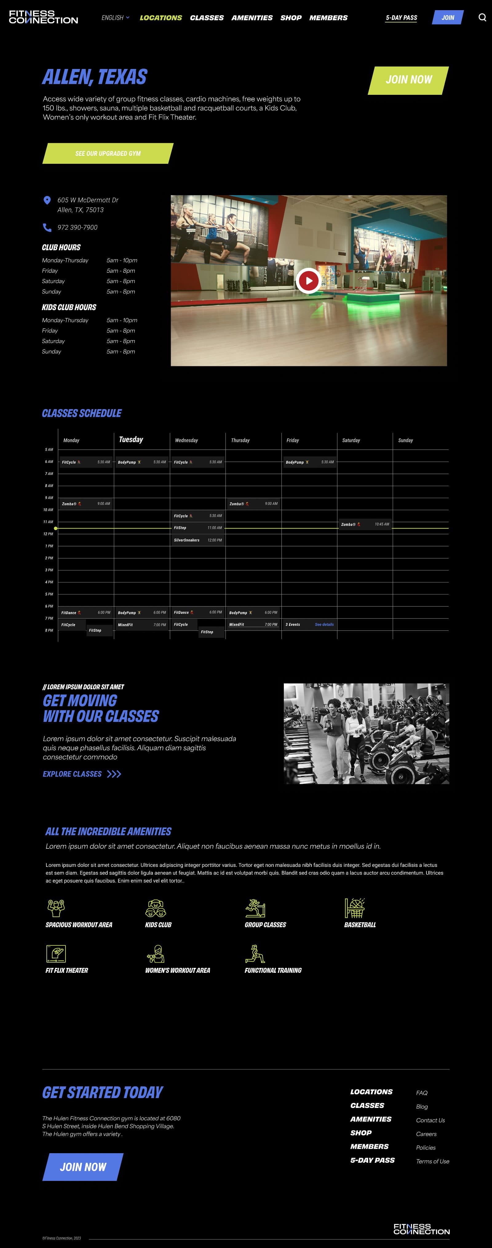 Club location page with hours and class schedule