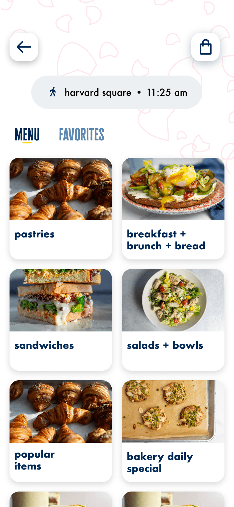 Menu categories for pick-up ordering