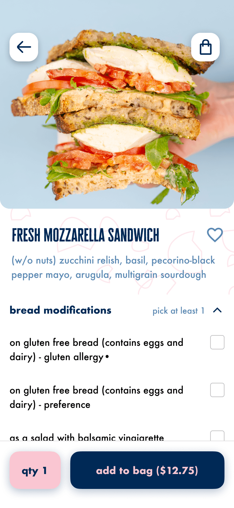 Product detail with bread modifications
