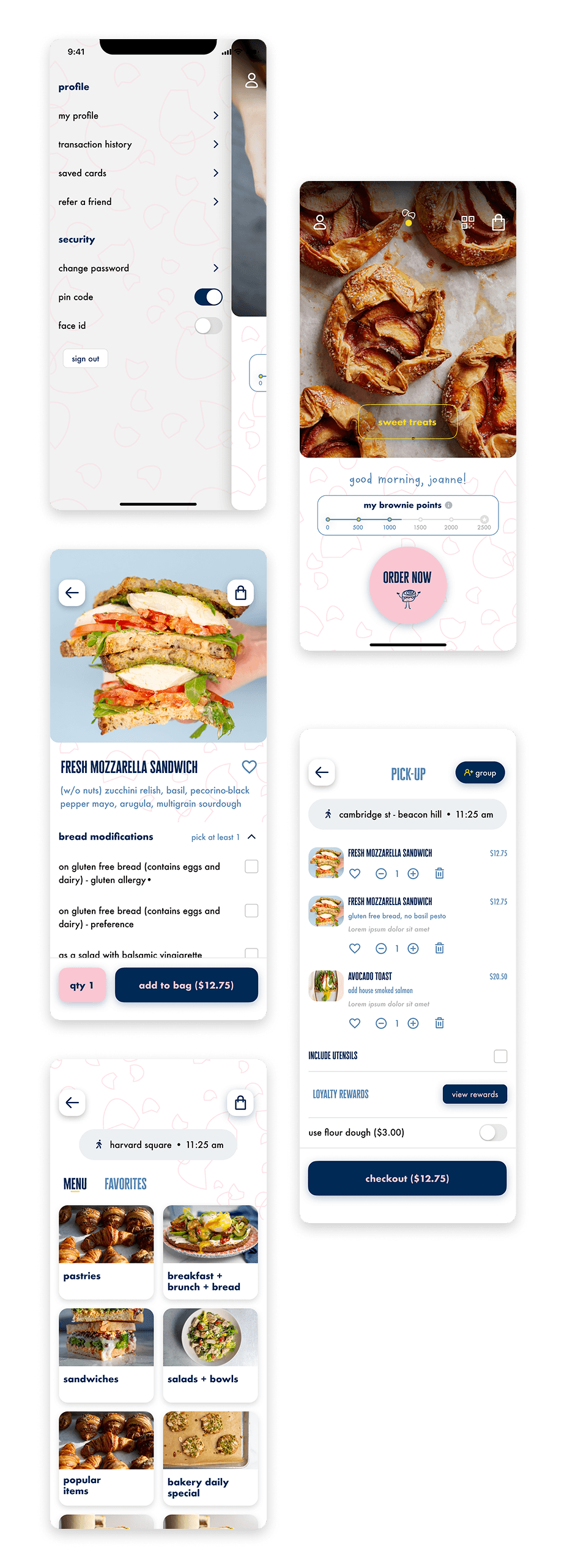 Flour app screens: account, home, product, cart and menu